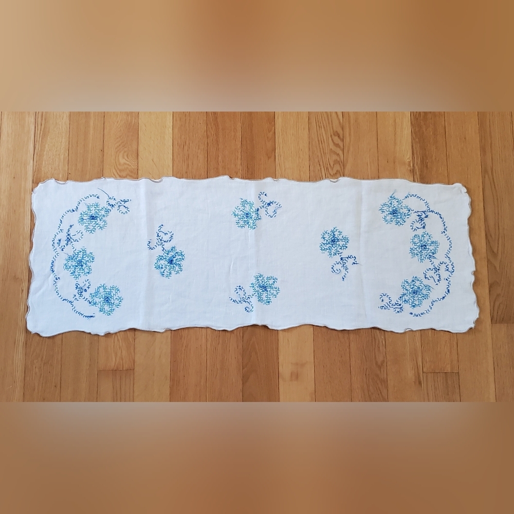 Vintage Embroidered Blue & White Linen Table Runner